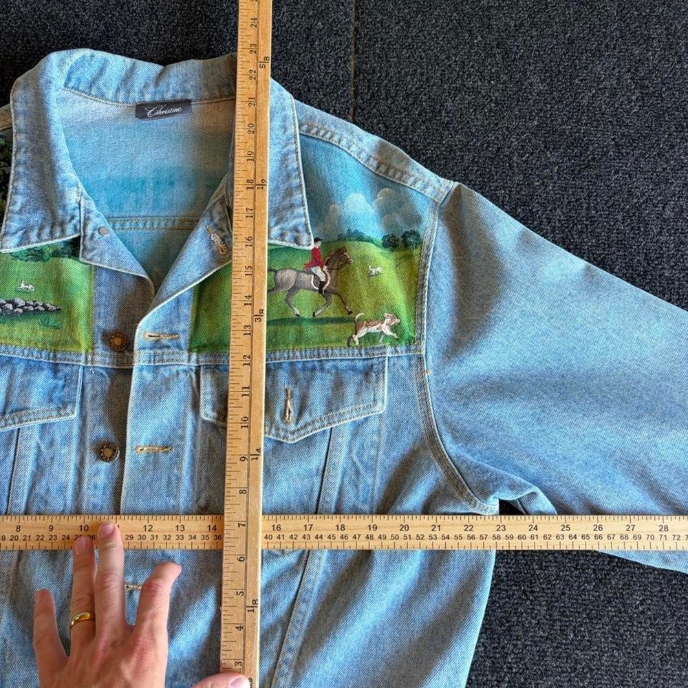 Christine Vintage 90s Equestrian Denim Jacket Blue Hand Painted Horse Scene L - Picture 5 of 6